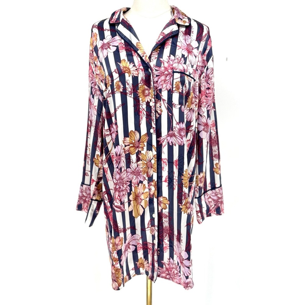 Victoria's Secret VS Satin Sleepshirt Nightgown Floral MEDIUM Blue White Stripe - Picture 2 of 8
